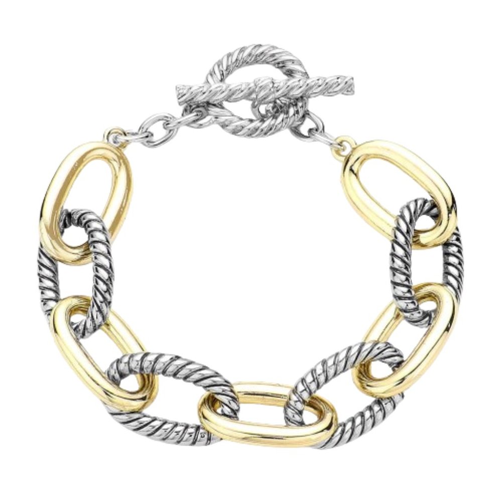 Womens Two Tone Textured Metal Cable Link Toggle Custom Jewelry Bracelet